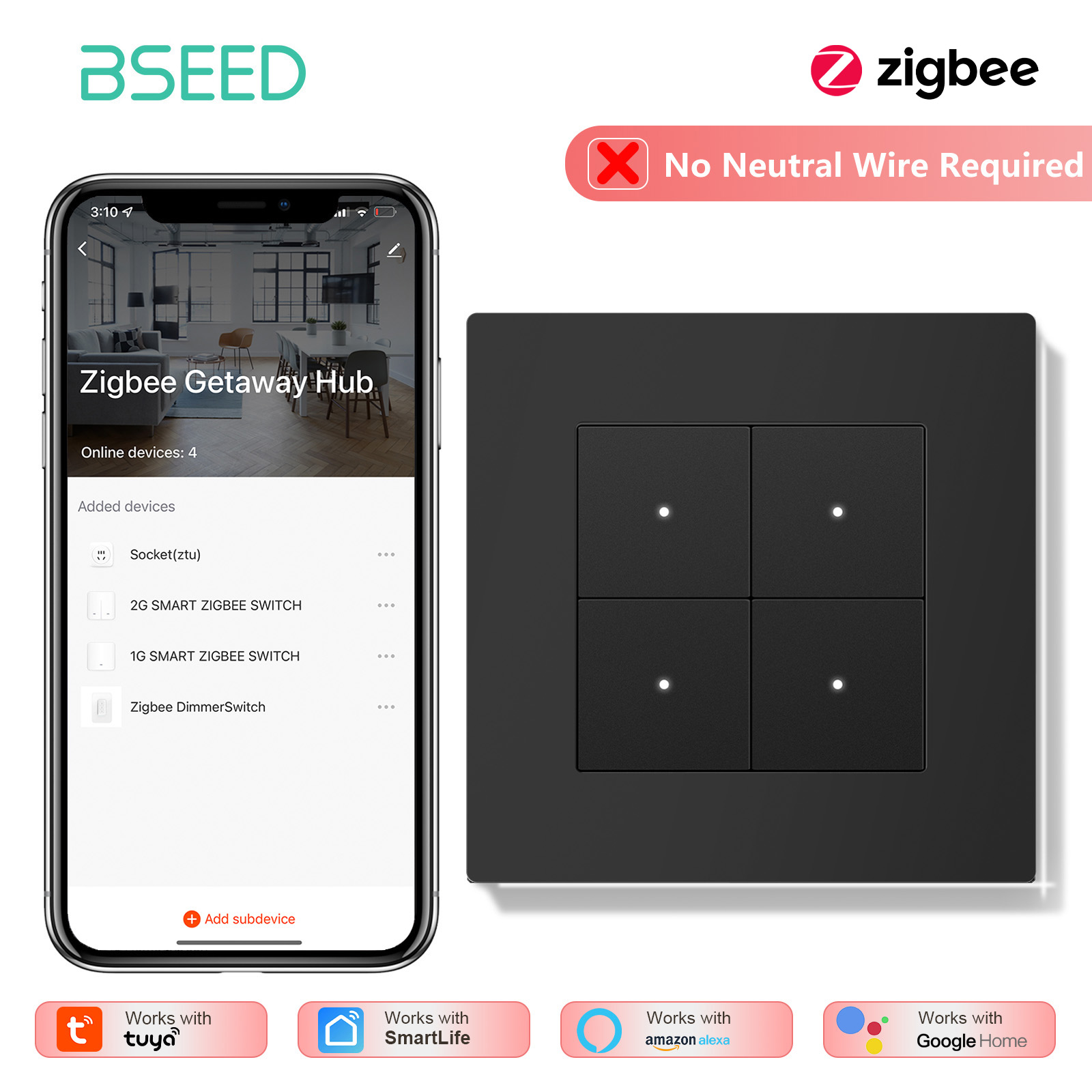 BSEED 1/2/3/4Gang Zigbee Light - đánh giá và giá Tuya 4 Channel